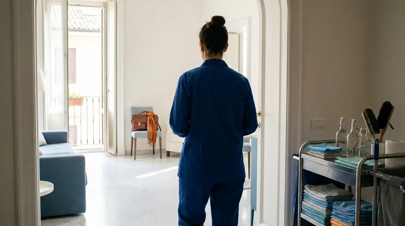 Addetto alle pulizie sulla soglia di un appartamento appena rimesso in ordine, accanto al carrello con prodotti e panni