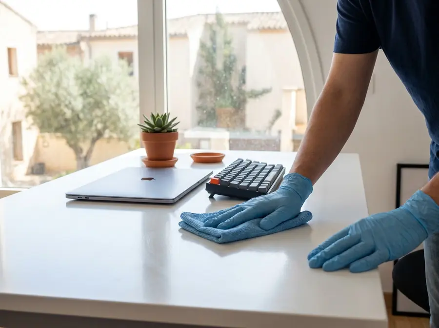 Mani con guanti che puliscono una scrivania da ufficio con un panno in microfibra